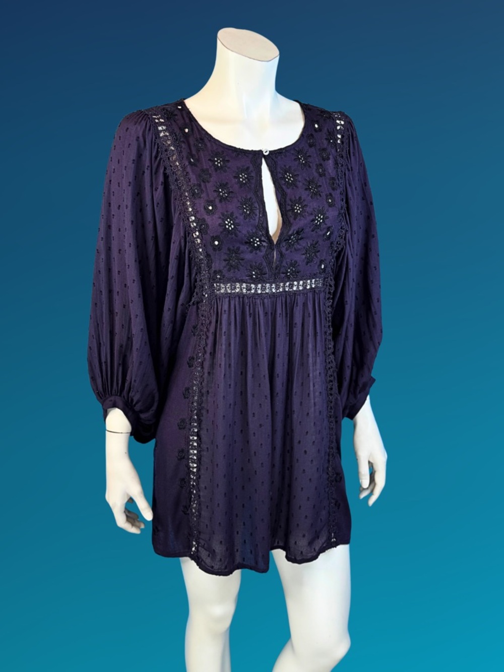 Free People CHARLOTTE embroidered Black Tunic Mini Dress M